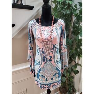 Discount Divas Women's Multi Paisley Pleated Boat Neck Long Sleeve Top Blouse XL